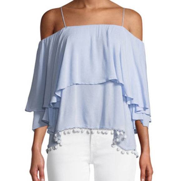 Philosophy Tops - Philosophy Pompom Trimmed Tiered Cold-Shoulder Top